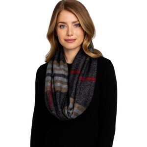 Fraas Plaid Infinity Scarf – Soft Knit Blend Gray Black Tan Red Stripes